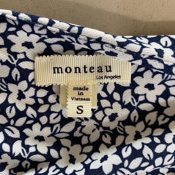 Monteau Dress Womens Small Blue Floral Criss Cross V Neck Stretch Short Sleeve - Picture 2 of 15